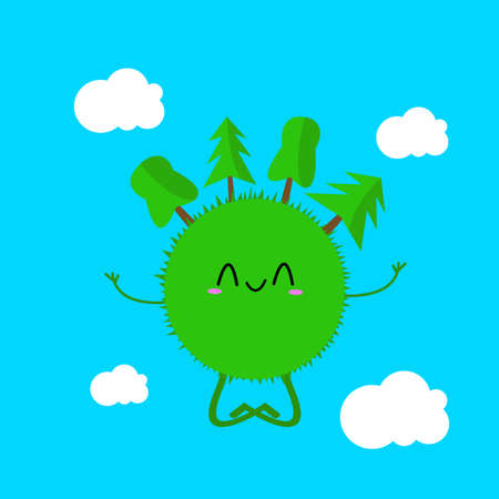 green planet with grass and trees cartoon character meditating in lotus position on his face...