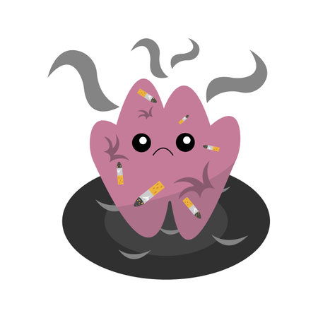 sad cartoon character human brain is smoking on white background it is covered with cigarette butts concept of harm of smokingのイラスト素材