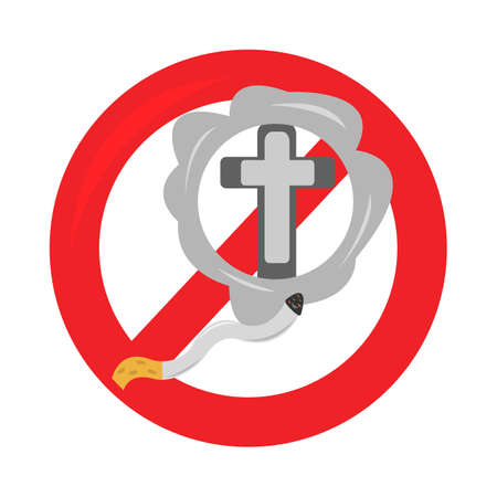 wavy deformed cigarette and grave cross in a ring of smoke against the background of a prohibiting sign concept of death from smokingのイラスト素材