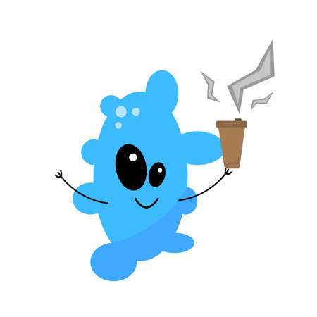 funny blue cloud holding coffee glass with lightning shaped steam isolated on white background invigorating hot drink conceptのイラスト素材