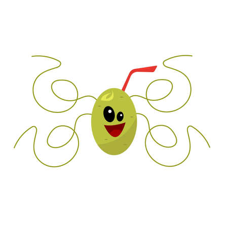 White Grapes Cheerful Cartoon Character with Juice Straw and Intertwined Green Sprouts Isolated on White Backgroundのイラスト素材