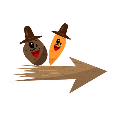 potatoes and carrots funny cartoon characters with mustaches in brown hats on a wooden arrow indicating the direction to the vegetable department icon for shopsのイラスト素材