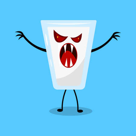 glass of milk cartoon character angry monster with sharp fangs and red eyes scares and poses on a blue background concept of harm to drinkのイラスト素材