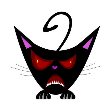 angry black cat with red eyes and sharp teeth opened its mouth on a white background concept of dangerous animalsのイラスト素材