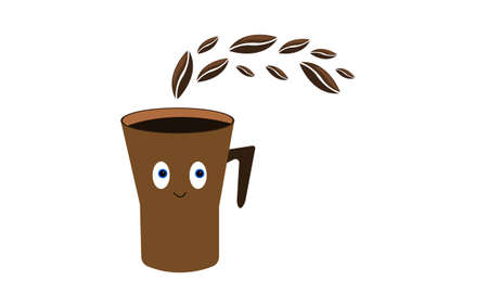cute coffee cup cartoon character with blue eyes smiling on a white background over it natural grains symbolizing the aroma of the drinkのイラスト素材
