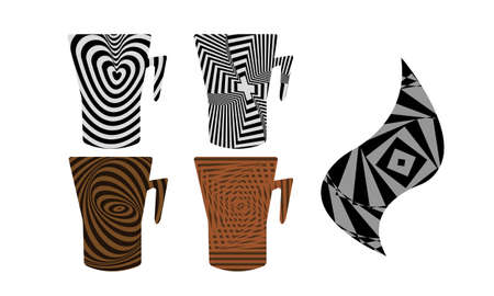 set of cups covered with op art patterns on white background modern textureのイラスト素材