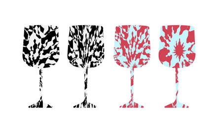 set of wine glasses with fantastic patterns in op art style modern design on white backgroundのイラスト素材