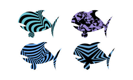 multicolored fish in op art style creative texture modern seafood iconsのイラスト素材