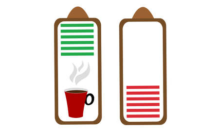 creative icons for coffee shop hot drink cup and fully charged battery indicator near dischargedのイラスト素材