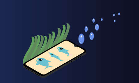 smartphone with fish icons on the screen underwater seafood concept in isometricのイラスト素材