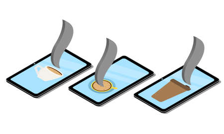 icons of tablets with cups of aromatic coffee in isometricのイラスト素材