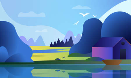 landscape with ponds, mountains and a house on the shore, beautiful natureのイラスト素材