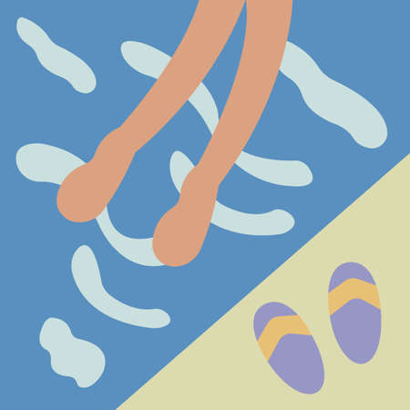 abstract illustration of beach with flip flops and human foot in the waterのイラスト素材