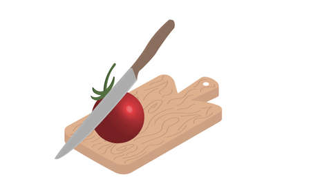 knife cuts a tomato on a cutting board isometric icon cooking conceptのイラスト素材