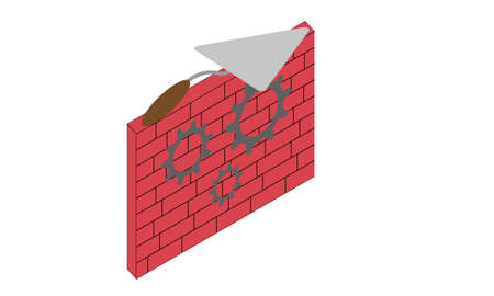 brick wall with gears patterns and construction trowel isometric icon isolated on white backgroundのイラスト素材