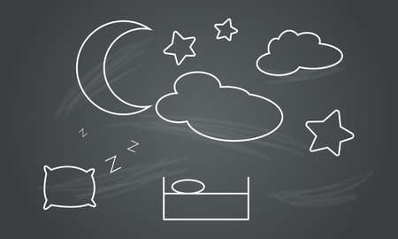 pillow and bed drawn with white chalk under the moon and stars on the blackboard healthy sleep and lifestyle conceptの写真素材
