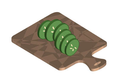 cucumber sliced in round pieces on a wooden cutting board in isometric viewのイラスト素材