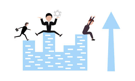 businessmen in various poses on the rooftops of high-rise buildings of the city and an upward arrow...
