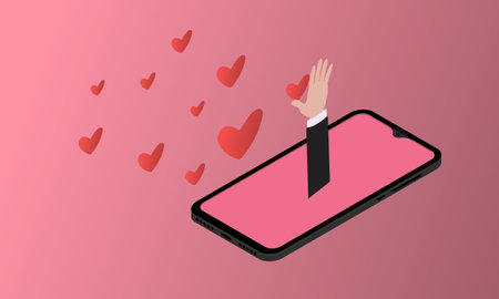 hand sticking out of smartphone catches hearts on pink background concept of approvals and love
