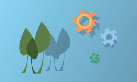 green leaves and multi-colored gears as a symbol of work on a blue background