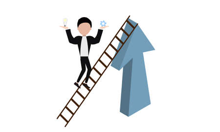 businessman in a dark suit holds a gear and a light bulb in his hands and climbs the stairs to success business conceptのイラスト素材