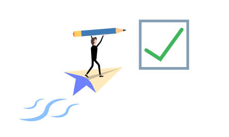 a businessman stands on a flying paper plane and holds a pencil next to a green check mark as a sign...