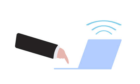 laptop with wi-fi icon and finger reaching for keyboardのイラスト素材