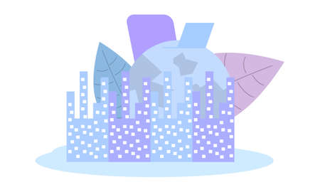 High-rise buildings of a metropolis against the background of the planet and a workplace with a laptop and an armchairのイラスト素材