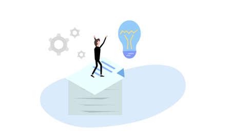 businessman stands on a stack of documents and sees a light bulb in front of him as a symbol of an ideaのイラスト素材