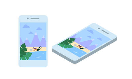 smartphone with a beach depicted on the screen on which a girl with a laptop is lying and typingのイラスト素材