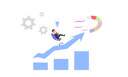 a businessman sitting on an office chair rises up the career ladder above him a light bulb as a...