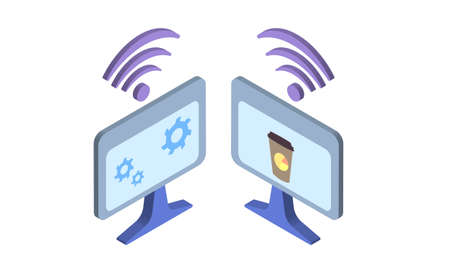 isometric icons of monitors and coffee glass with a round diagramのイラスト素材