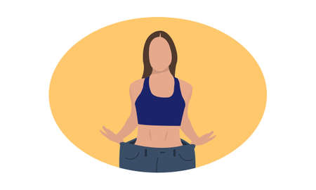 thin young woman shows that her pants are too bigのイラスト素材