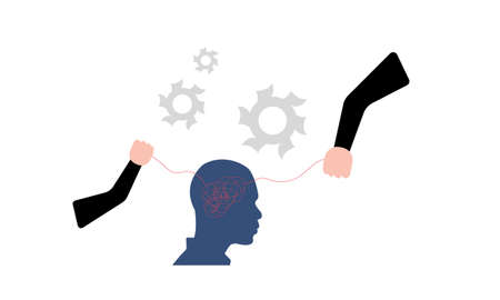 silhouette of the head of a man controlled by pulling the threads leading to his brainのイラスト素材