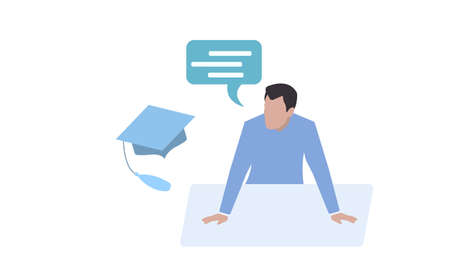 male teacher explains the material bending over the table beside the graduate hat as a symbol of educationのイラスト素材