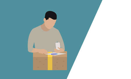 the man who received the parcel looks at the smartphoneのイラスト素材