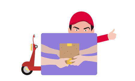 hand-to-hand transmission of parcel and courier showing thumb up as a gesture of approvalのイラスト素材