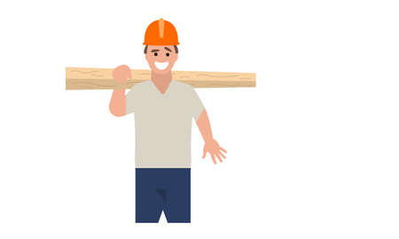 a builder in a safety helmet holds wooden planks and smilesのイラスト素材