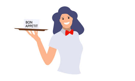 young woman waitress holding a tray and smiling inscription in english bon appetitのイラスト素材