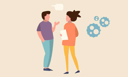 man and a woman talk about work discussing issues