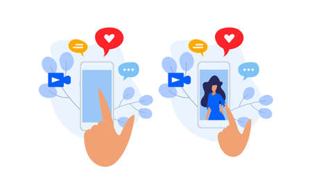 hand finger points to smartphone screen and miscellaneous iconsのイラスト素材