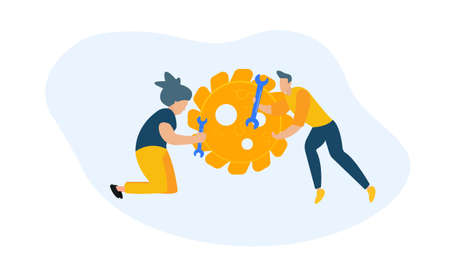 man and woman with wrenches near gears with dollar iconのイラスト素材