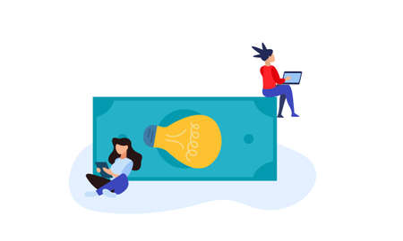 women with gadgets near a paper bill on which a bright light bulb as a symbol of an ideaのイラスト素材