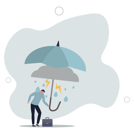 soak businessman standing wet under fail umbrella in raining day.のイラスト素材