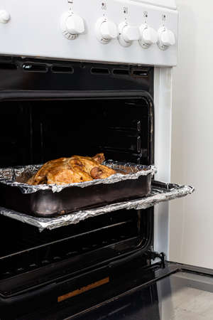 fried chicken carcass lies on a tray in an open oven. high quality photo