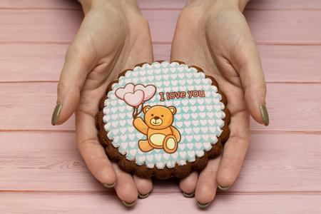 a woman holds in two hands a gingerbread with an inscription about love. high quality photo