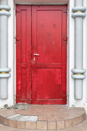 Moscow, Russia - April 20, 2022: old carcass door with porch. high quality photoのeditorial素材