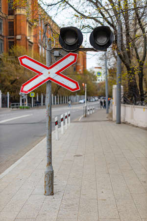 Moscow, Russia - May 01, 2022: railroad crossing warning sign. high quality photoのeditorial素材