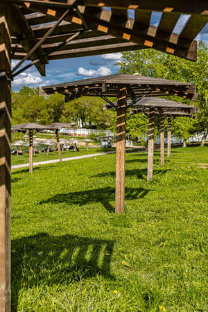 wooden canopy in the form of an umbrella. high quality photoの写真素材