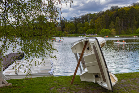 rowing catamaran is under repair on land. high quality photoの写真素材